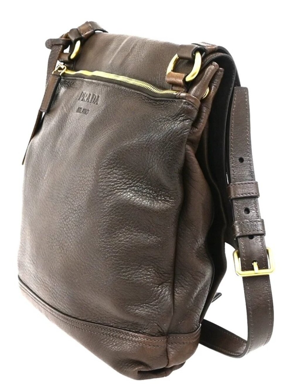 PRADA Logo Crossbody Messenger Shoulder Bag Leather Brown GHW Italy 87KD156 - Picture 4 of 14